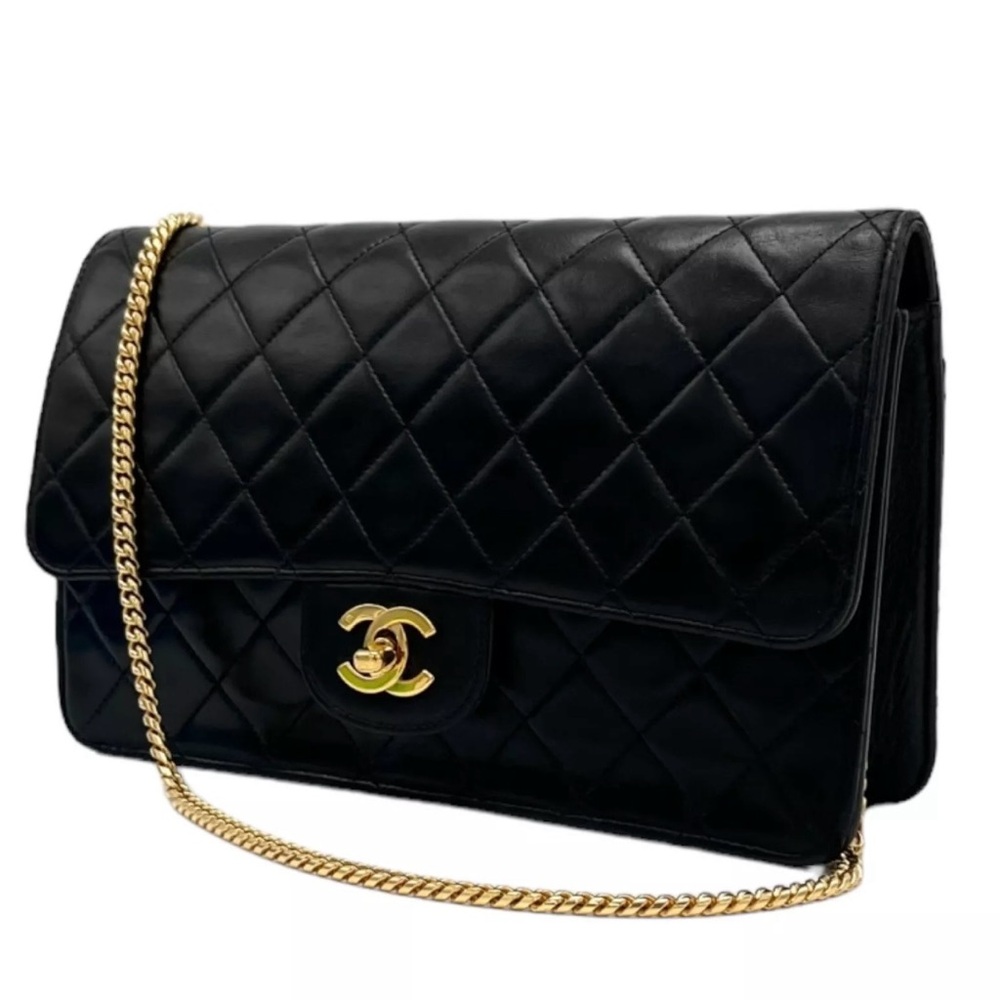 CHANEL Medium Black Lambskin Single Classic Flap 24k Gold Shoulder Bag